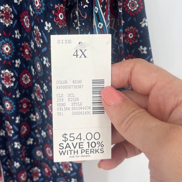 Catherines Patchwork 3/4 Sleeve Womens Top Sz 4X Boho New Aztec Lace Up Festival - Picture 7 of 9